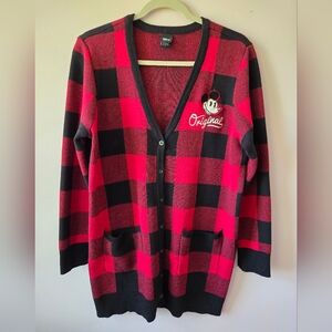 Disney Parks Mickey Mouse Buffalo Plaid Cardigan Sweater - Red & Black - Size L